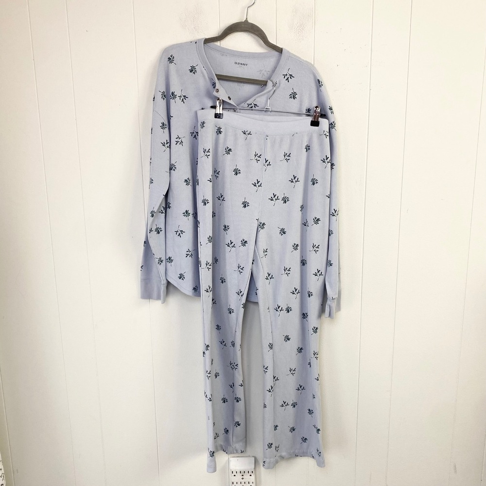 Old Navy Holly Jolly Thermal Pajama Set Blue Floral Henley Pants Sz L Tall hem*